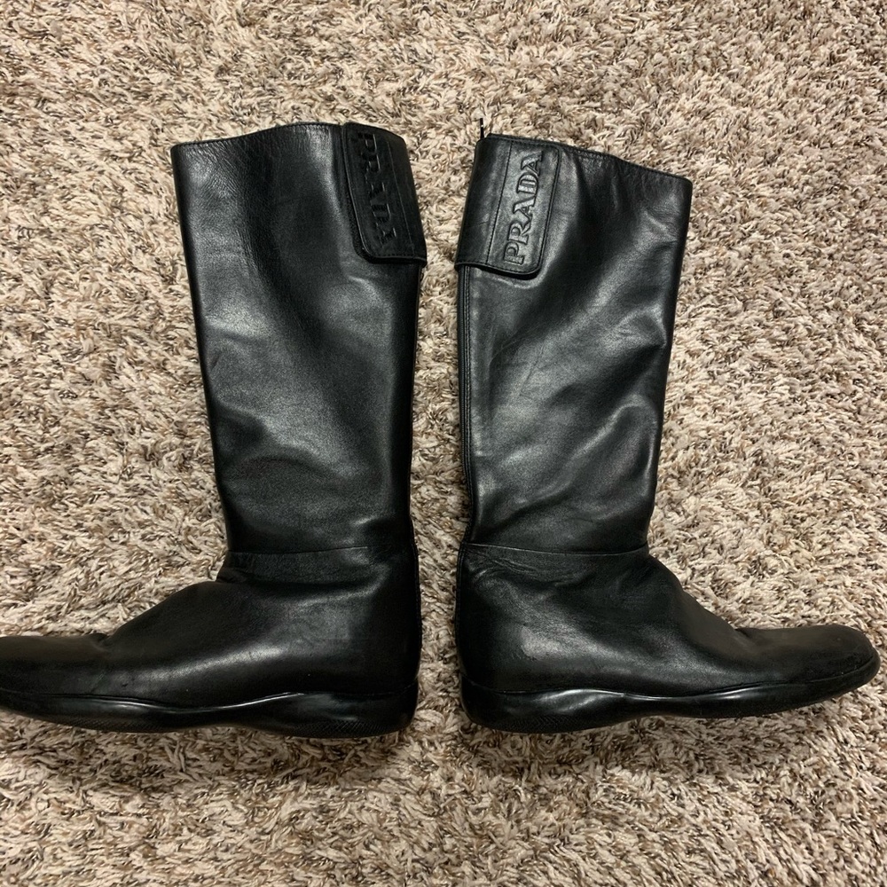 Black leather Prada riding boots